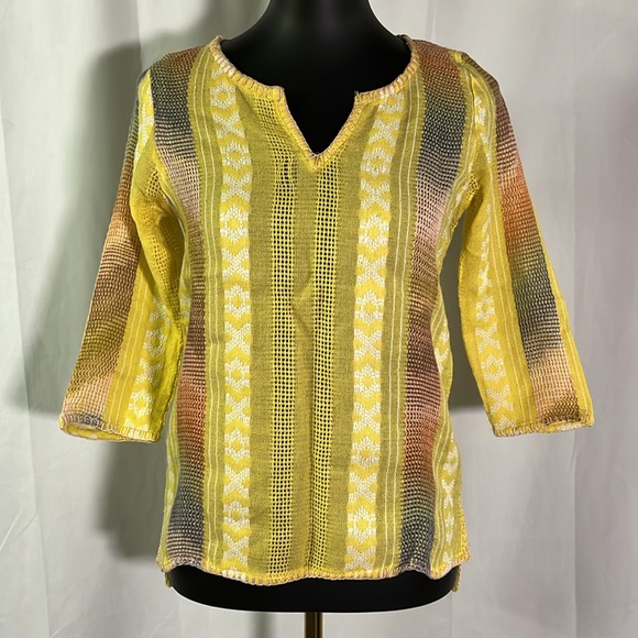 UO Staring at Stars Yellow Multicolor 3/4 Sleeve Split V-Neck Sweater - Picture 1 of 16